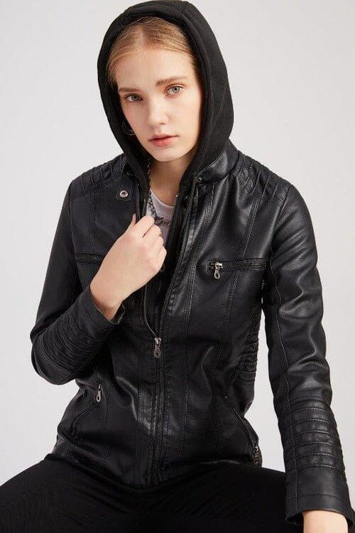 Jaqueta de Couro com Capuz - Frete Grátis FEMININO - VESTUÁRIO - JAQUETA COURO Dm Stores 