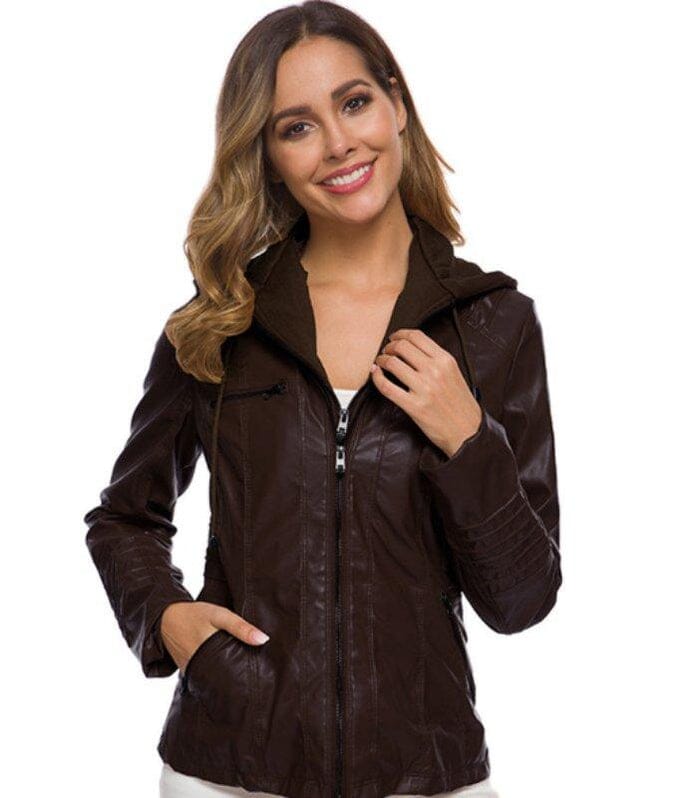 Jaqueta de Couro com Capuz - Frete Grátis FEMININO - VESTUÁRIO - JAQUETA COURO Dm Stores 