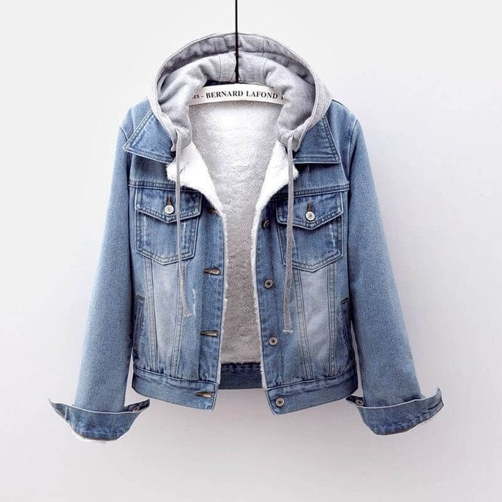 Jaqueta Jeans Feminina Com Capuz FEMININO - VESTUÁRIO - JAQUETA JEANS 2 Dm Stores Jeans Claro com Veludo P 