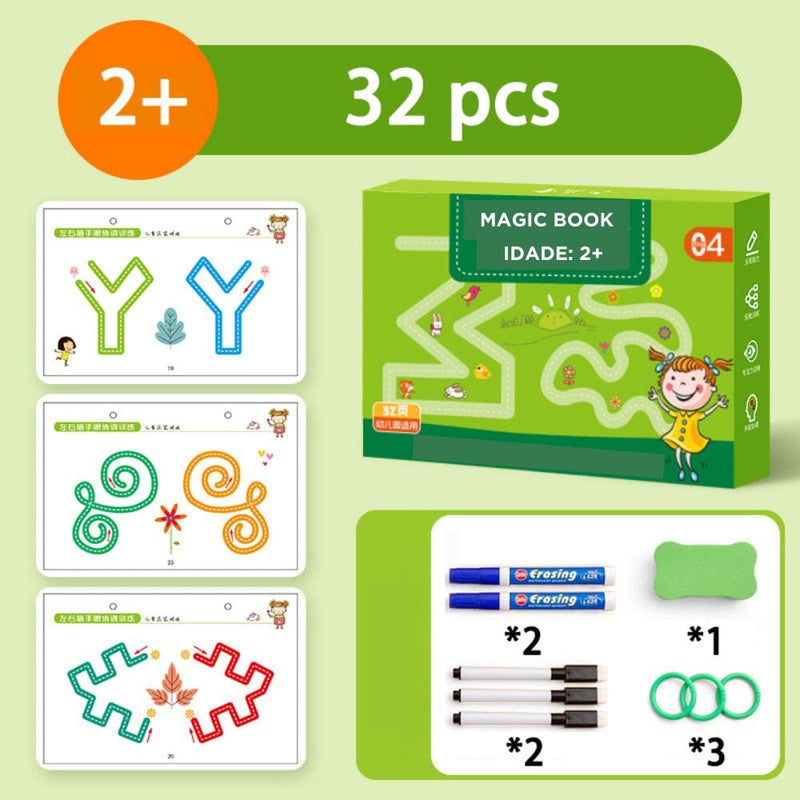 Caderno de Traço e Desenho Infantil MagicBook Infantil (Caderno 2) Dashui 32 Páginas + 4 Canetas + 1 Apagador de Brinde 