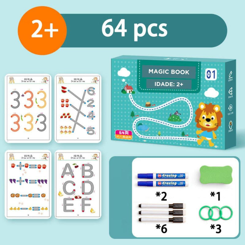 Caderno de Traço e Desenho Infantil MagicBook Infantil (Caderno 2) Dashui 64 Páginas + 8 Canetas + 1 Apagador de Brinde 