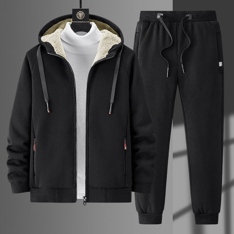 Conjunto de Moletom Plus Size forrado por dentro - CurveComfort Roupas (Jaqueta Masculina 2) Dashui Preto 