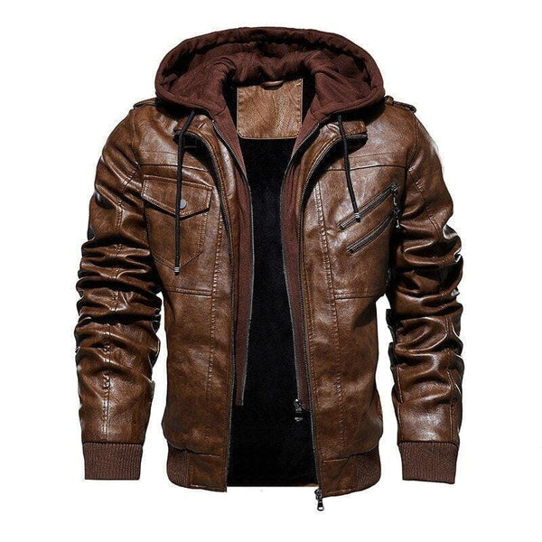 Jaqueta de Couro Masculina Premium com Capuz Removível Roupas (Jaqueta Masculina 14) Dashui Café P 