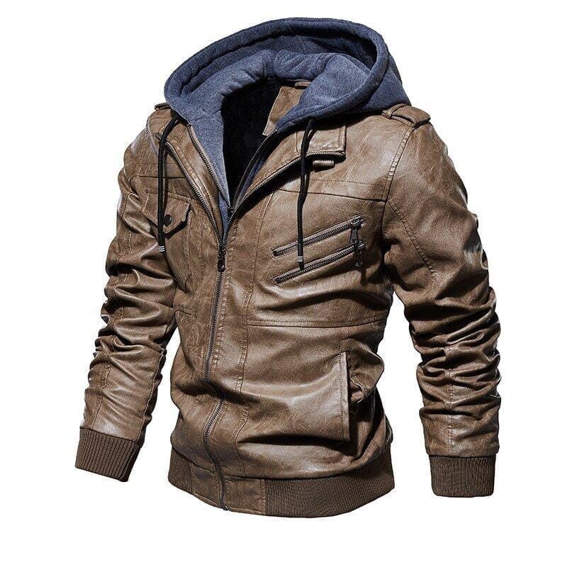 Jaqueta de Couro Masculina Premium com Capuz Removível Roupas (Jaqueta Masculina 14) Dashui Caqui P 