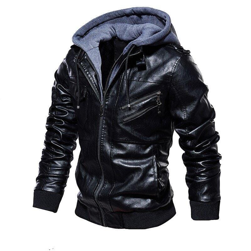Jaqueta de Couro Masculina Premium com Capuz Removível Roupas (Jaqueta Masculina 14) Dashui Preto P 