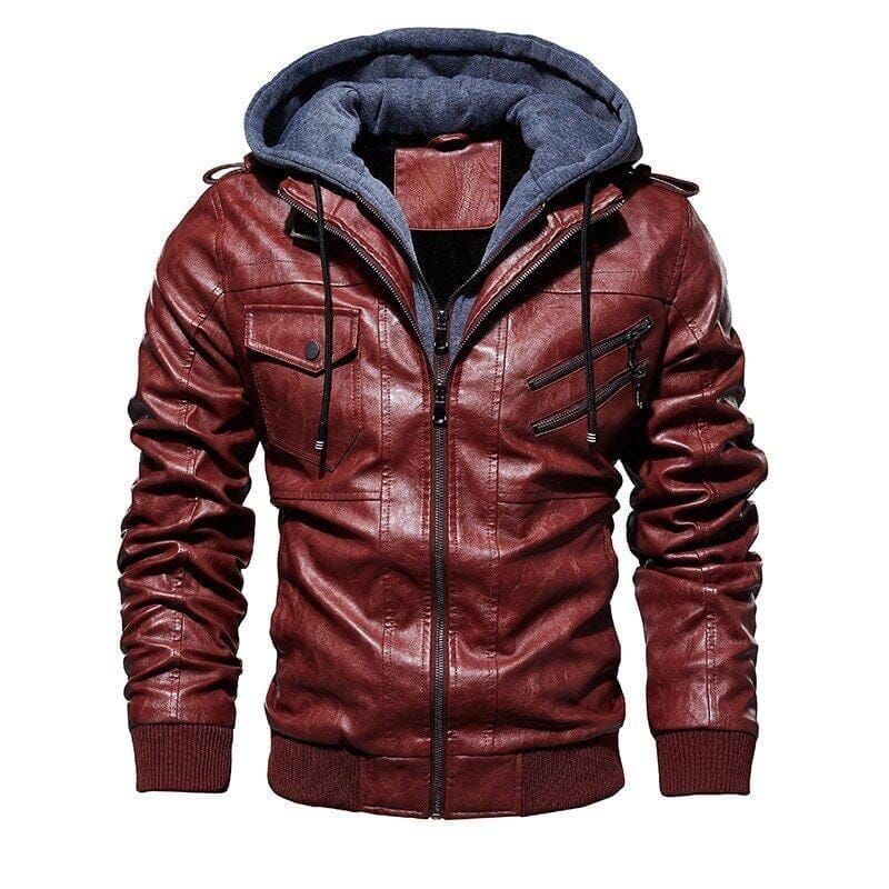 Jaqueta de Couro Masculina Premium com Capuz Removível Roupas (Jaqueta Masculina 14) Dashui Vinho P 